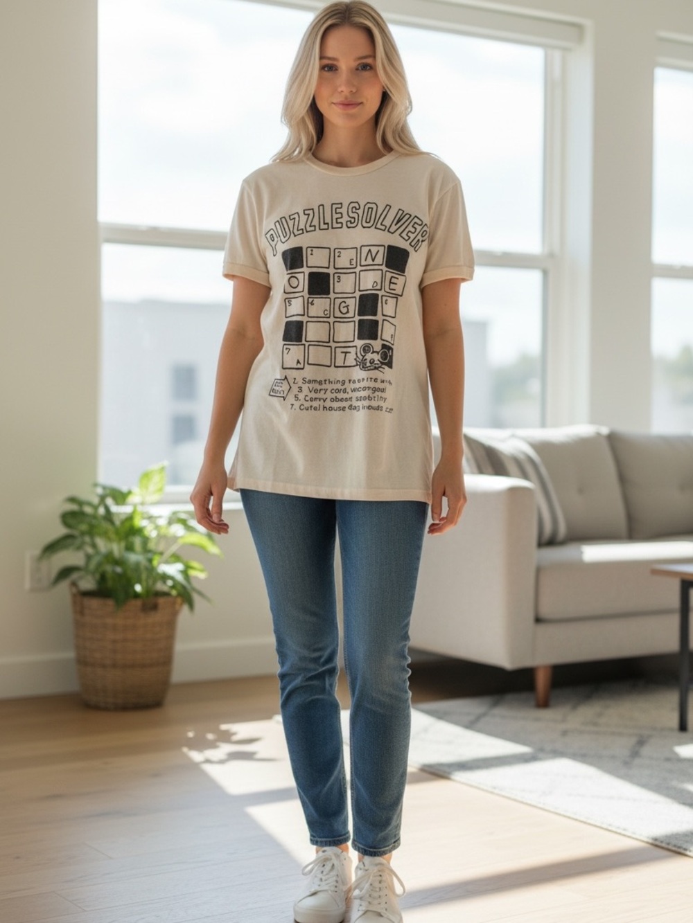 POL Cream Short Sleeve 'PUZZLESOLVER' Graphic Tee - Black Print